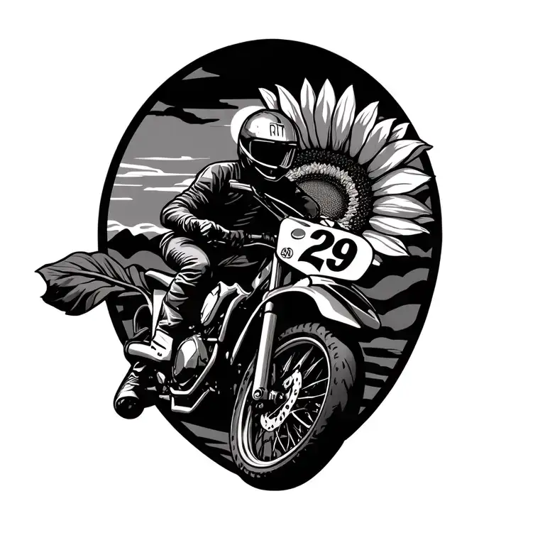 sunflower in sunset dirtbike racing with number 29 on it tattoo design idea