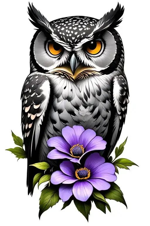 owl with violet flower growing tattoo design idea