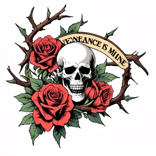vengeance is mine sayith the lord in thorns and roses with skulls tattoo design idea