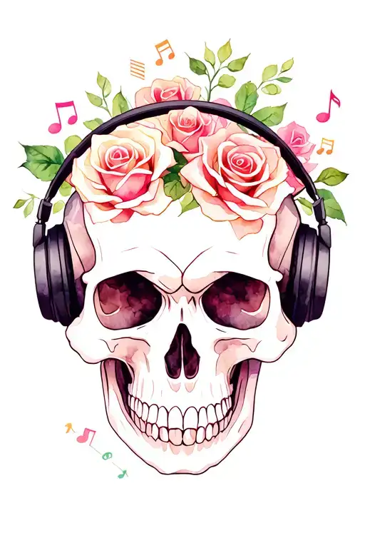 A skull with headphones on, surrounded by roses and music notes tattoo design idea