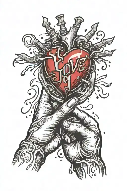 Tattoo design of a hand holding a bleeding realistic heart and the blood turns into the words love, joy, peace, patience tattoo design idea