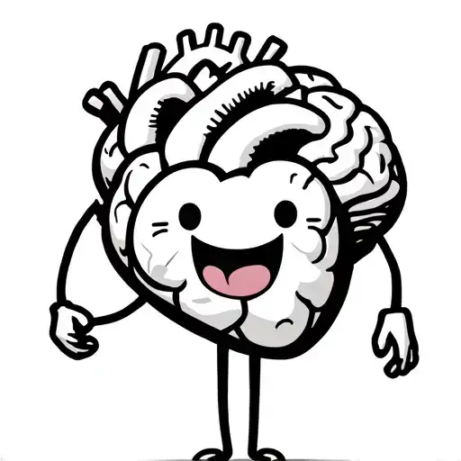 A cartoon-style illustration of a heart and a brain, both anthropomorphized with arms, legs, and expressive faces. tattoo design idea