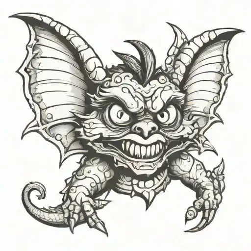 Gremlins from behind, face in profile with an evil smile tattoo design idea