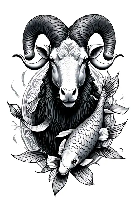 ram with koi fish around it tattoo design idea