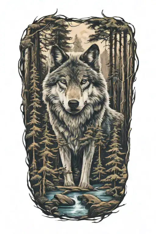 wolf blue eyes howling forest landscape tattoo design idea
