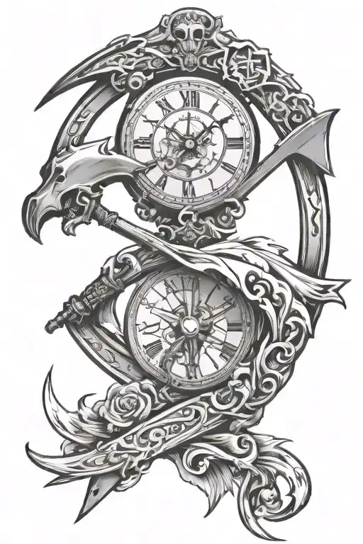 scythe with a clock representing death clean bold lines tattoo design idea