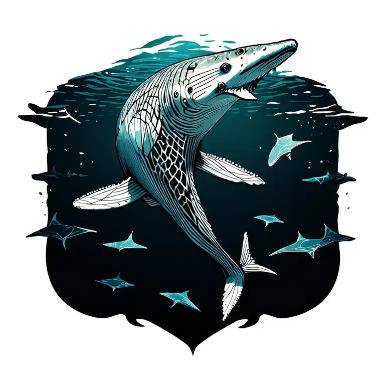 whale shark and rays with waves and lines tattoo design idea