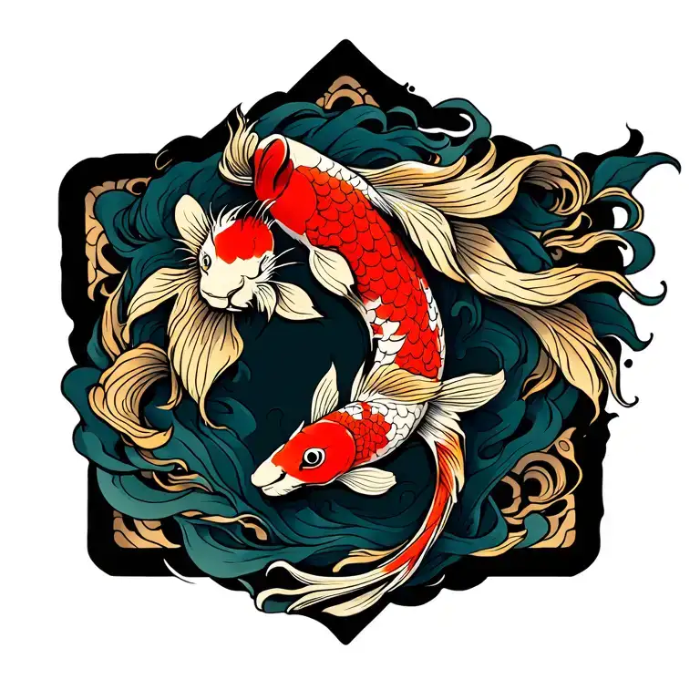 a chinese koi fish tattoo inspired but insted of koi fish its a lion with maori koru patterns tattoo design idea