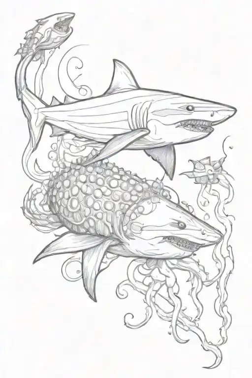 shark with jellyfish and octopus tattoo design idea
