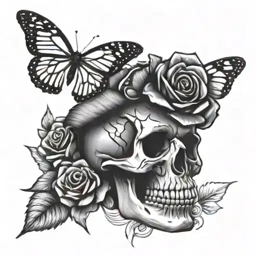 skull and roses monarch butterfly tattoo design idea