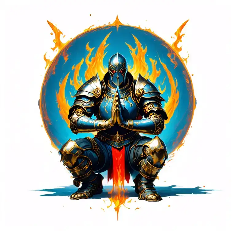 full armor saprtin warrior. kneeling praying tattoo design idea
