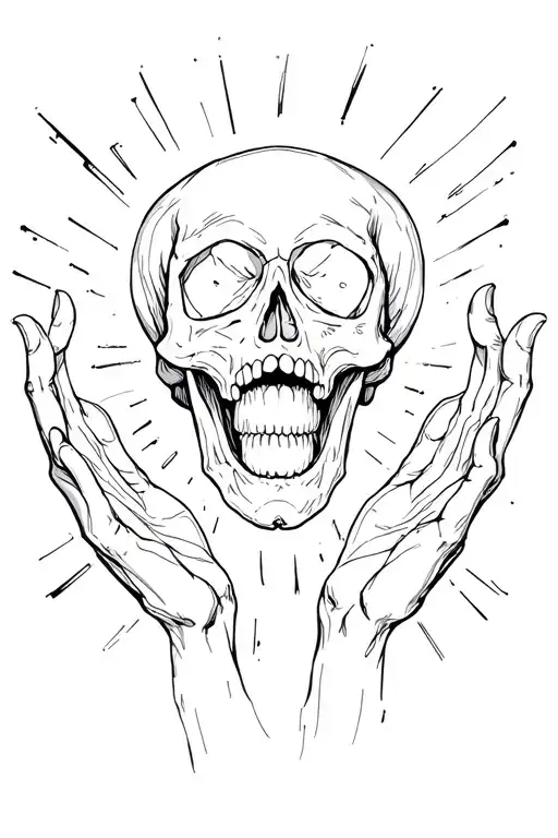 skull opening its mouth open with hands with aura tattoo design idea