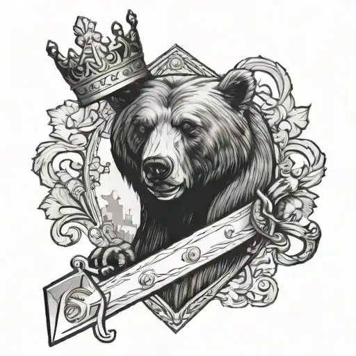 Bear holding a sword in each paw and wearing a crown inspired by coat of arms of Karelia in Finland.  tattoo design idea