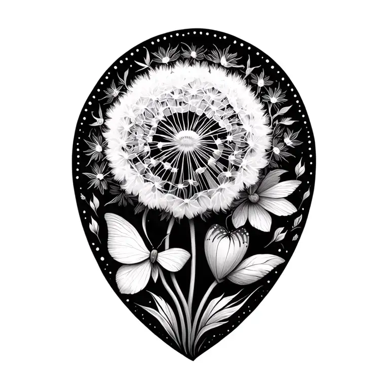Dandelion flower, lotus flower, heart, butterfly, mandala tattoo design idea
