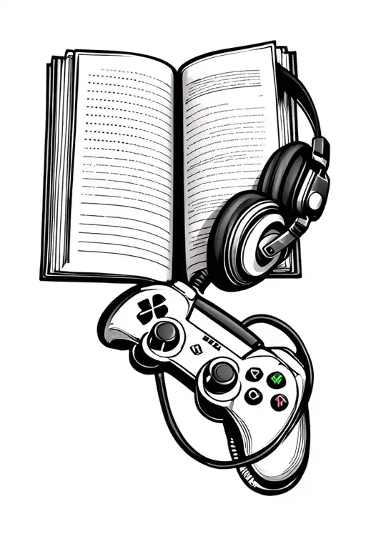 open book, headphones or music, and a game controller, intertwined tattoo design idea