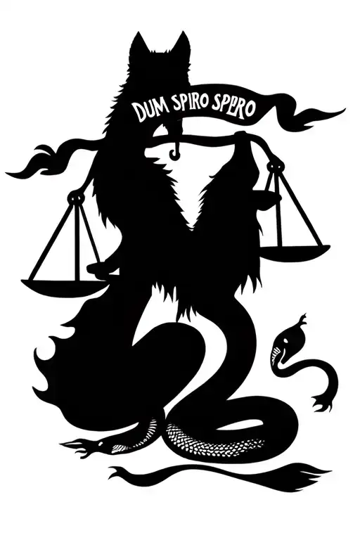 libra balance scales with tribel sleeve tattoo, wolf on top and a snake on the bottom. banner with 'Dum spiro spero' tattoo design idea