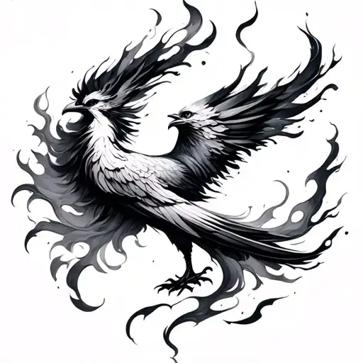 “Design a black and gray tattoo of a phoenix in abstract ink-brush or watercolor style, resembling flowing wind and fire tattoo design idea