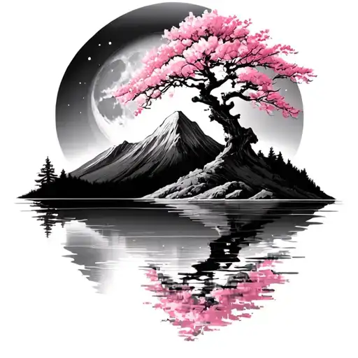 Moon over mountain cascading on lake with big cherry blossom tree  tattoo design idea