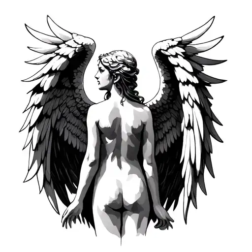 A full, black and Grey, back piece of a biblically accurate angel with many wings and eyes. tattoo design idea