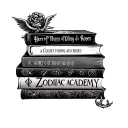 stack of books with the books fourth wing, Harry Potter, a court of thorns and roses and zodiac academy incorporated  tattoo design idea