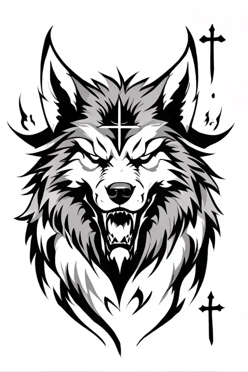 Wolf with an evil face, with a cross too and with black and gray details, the rest you decorate in a way that matches the lion tattoo design idea