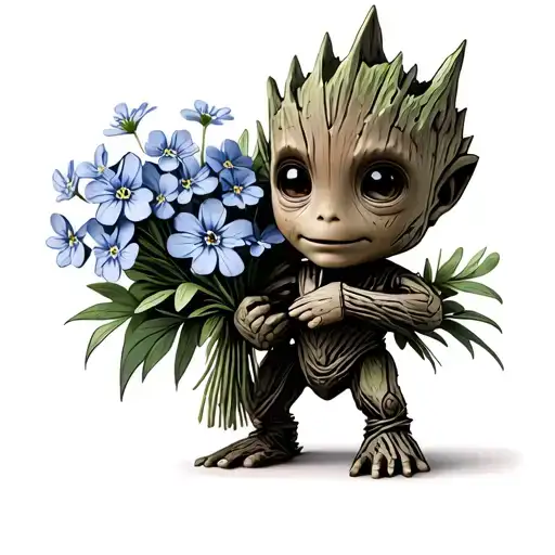 baby Groot standing up holding a forget me not flower bouquet tattoo design idea