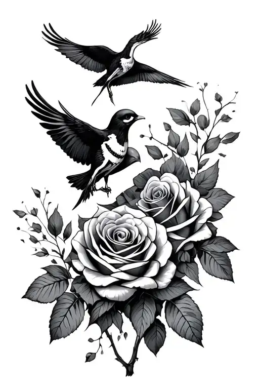 birds skeletons flying and give roses to each other tattoo design idea