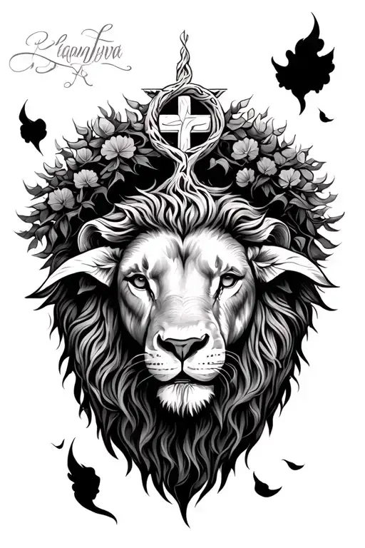 lamb under lion on forearm lions mane become tree of life connection to cross on shoulder tattoo design idea