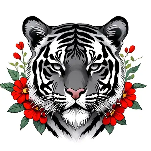 feminine black and grey tattoo of a full-body tiger with red flowers around it  tattoo design idea