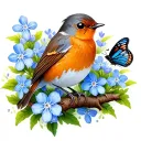 robin and butterfly on a branch with 2 forget me not flowers and bluebells  tattoo design idea