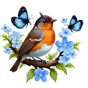 robin and butterfly on a branch with 2 forget me not flowers and bluebells  tattoo design idea