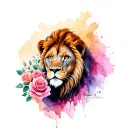 lion, roses, clock, date, eyes tattoo design idea