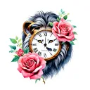 lion, roses, clock, date, eyes tattoo design idea
