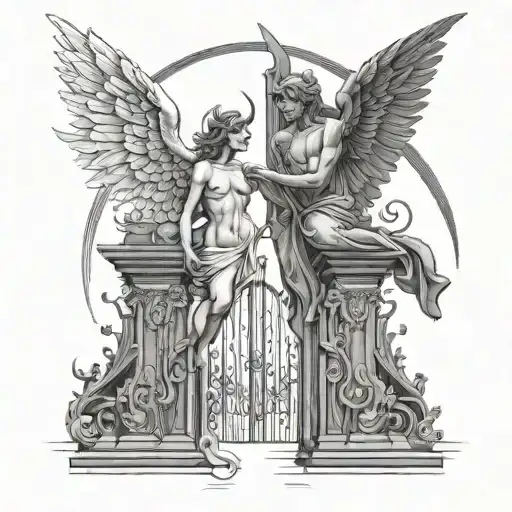 angel and devil at gates tattoo design idea