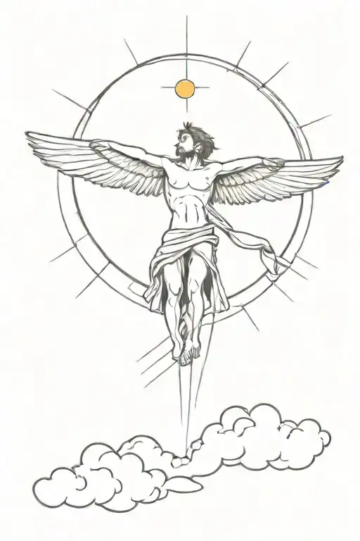 Icarus falling from the sky with sun rays tattoo design idea