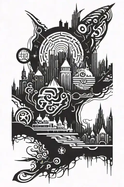 futuristic skyline, demonic spectors out of townsfolk, white space tattoo design idea