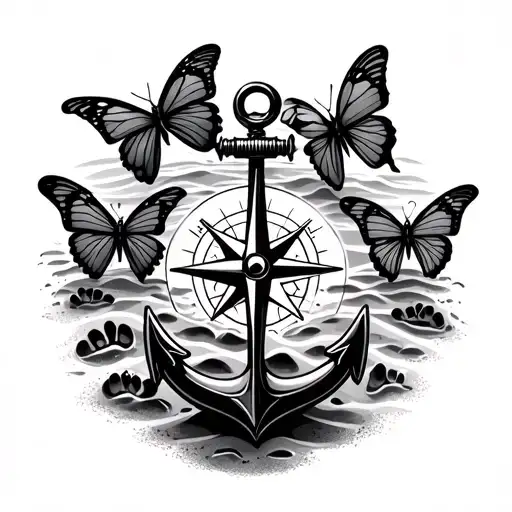 beach with footprints in the sand that turn into butterflies with and anchor lying in the sand. a compass behind it tattoo design idea