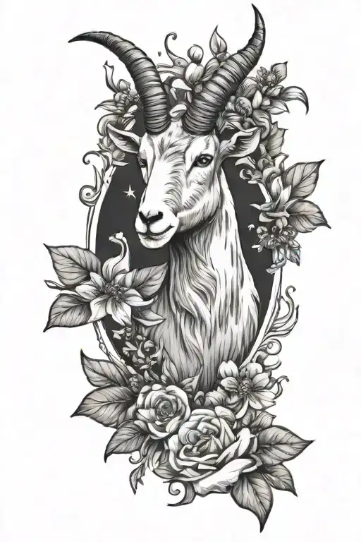 Goat, flowers, sunny, sagittarius zodiac sign tattoo design idea