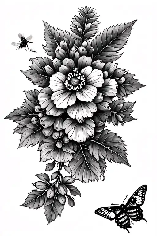 Buddleia flower with a butterfly and a honey bee  tattoo design idea