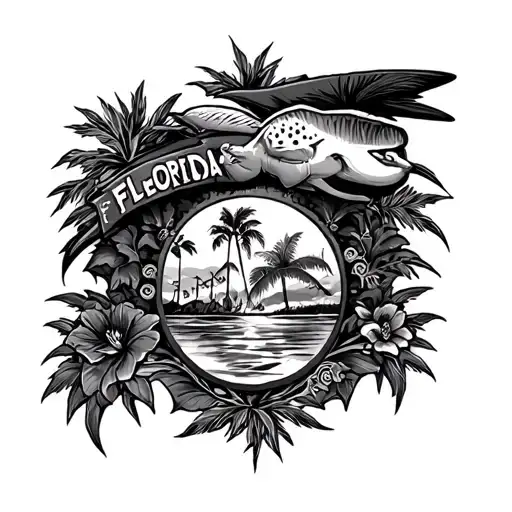  1/4 sleeve tattoo design in an American Traditional style, using blacks and grays, with a Florida Theme tattoo design idea