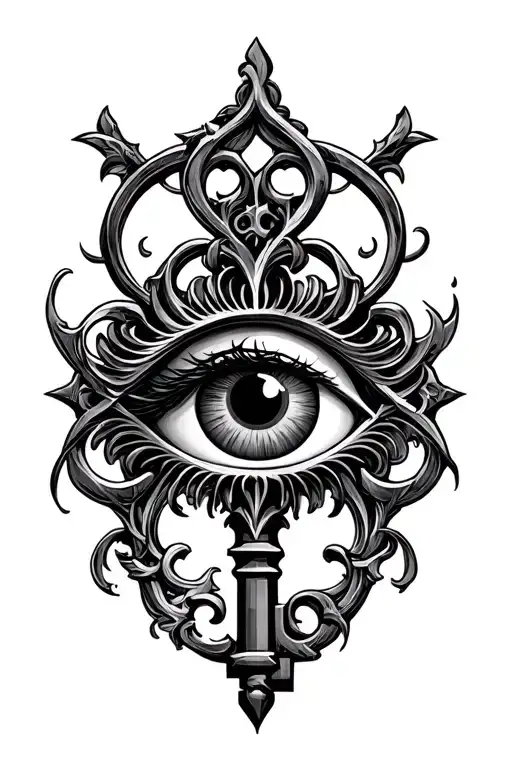 Detailed hand tattoo of an ornate gothic key with an eye in the center, symbolizing hidden truths. tattoo design idea