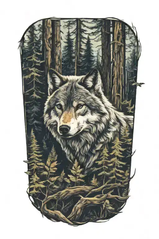 wolf blue eyes howling forest landscape tattoo design idea