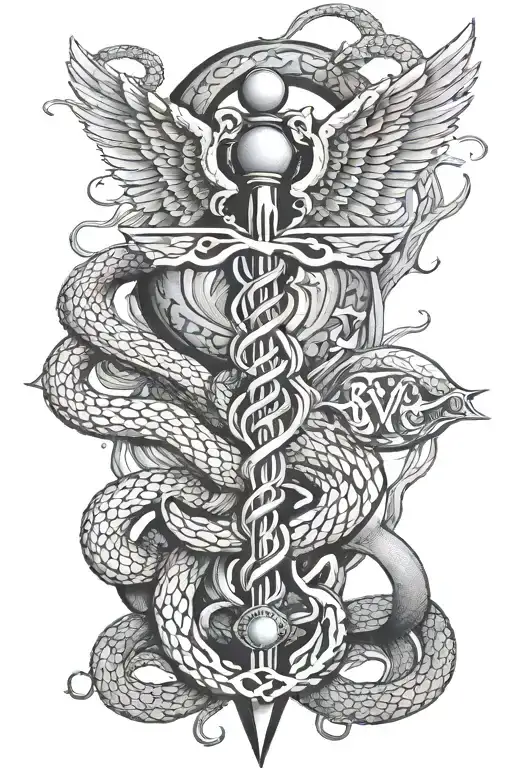 I want a caduceus with two snakes with the name bryan vertial in the middle of it all tattoo design idea