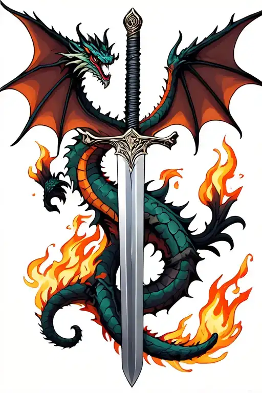 dragon wings spread behind a sword with tail wrapped around it with fire tattoo design idea