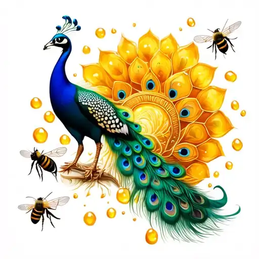 the goddess oshun with peacock, honey and bees  tattoo design idea