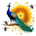 the goddess oshun with peacock, honey and bees  tattoo design idea