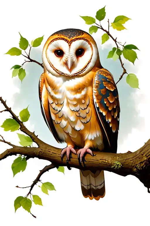 barn owl perched on a branch with the Cheshire Cat  tattoo design idea