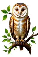 barn owl perched on a branch with the Cheshire Cat  tattoo design idea