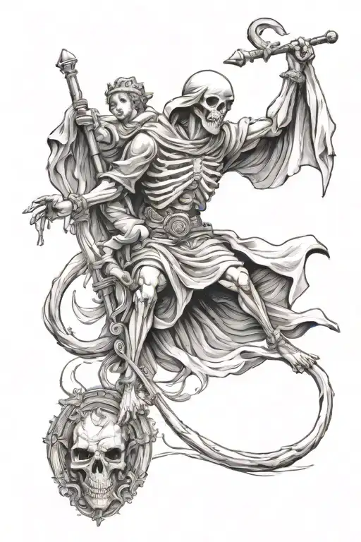 Saint Christopher as a skeleton with child on shoulder. add in a cardinal tattoo design idea