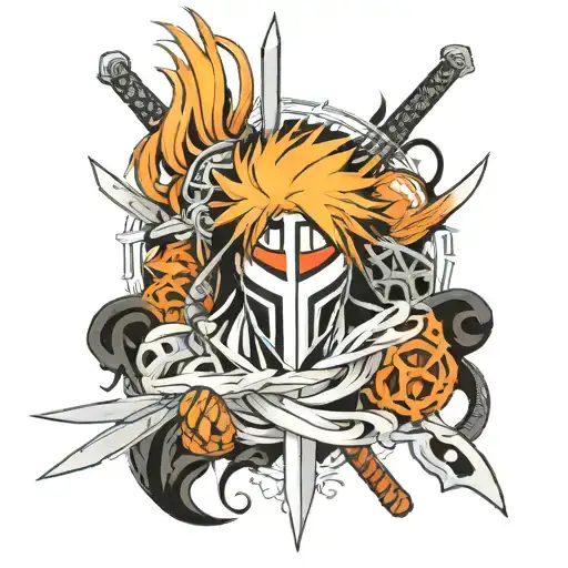 bleach the anime tattoo design with ichigos sword and ichigos mask dangling off the masks hilt tattoo design idea